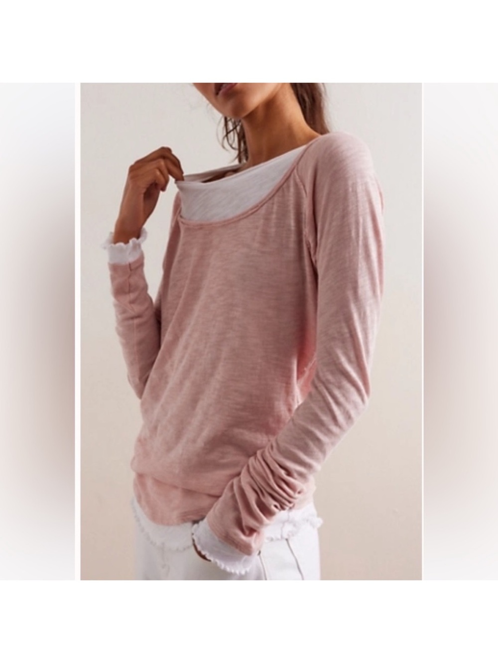 NWT Free People We the Free two’s a charm long sleeve top in pale mauve combo- S
